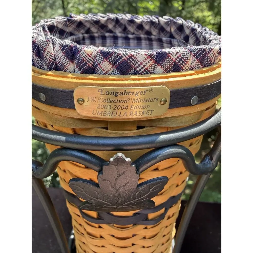 Longaberger CC J.W. Mini Umbrella Basket w Prot Liner Wrought Iron Stand Mint!